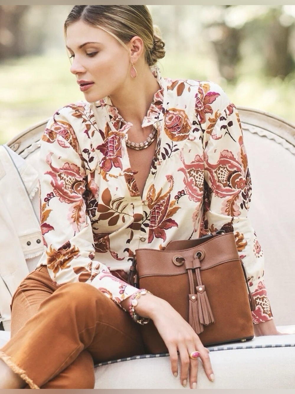 Spartina 449 Elsie Stretch Floral Blouse Ruffle Neck Henley Women Size XXL